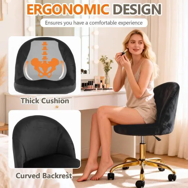 Alt view image 3 of 6 - Pink Vanity Desk Chair Comfy with Back and Wheels,Velvet Rolling Office Chair for Vanity Makeup Room,Height Adjustable,360 Swivel (Black)
