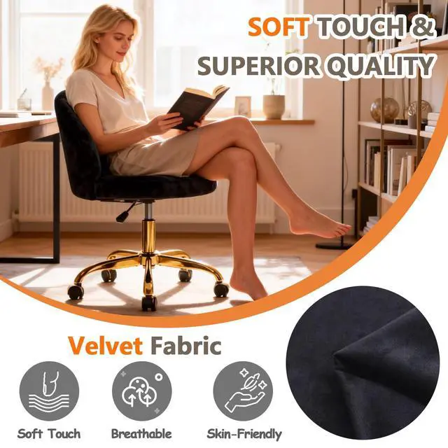 Alt view image 5 of 6 - Pink Vanity Desk Chair Comfy with Back and Wheels,Velvet Rolling Office Chair for Vanity Makeup Room,Height Adjustable,360 Swivel (Black)