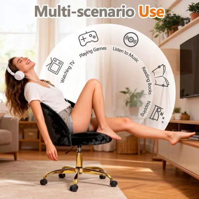 Alt view image 6 of 6 - Pink Vanity Desk Chair Comfy with Back and Wheels,Velvet Rolling Office Chair for Vanity Makeup Room,Height Adjustable,360 Swivel (Black)