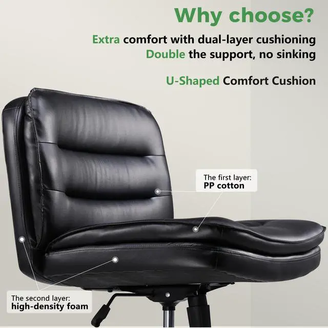 Alt view image 3 of 6 - Criss Cross Legged Office Chair with Wheels, Extra Wide Armless Comfy Desk Chair for Home Bedroom, 2 Layer Cushion Large Seat & Back Support X-Legged Chair, Black PU Leather Adjustable Height