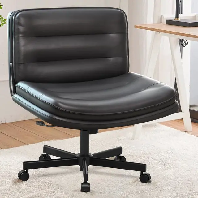 Alt view image 6 of 6 - Criss Cross Legged Office Chair with Wheels, Extra Wide Armless Comfy Desk Chair for Home Bedroom, 2 Layer Cushion Large Seat & Back Support X-Legged Chair, Black PU Leather Adjustable Height