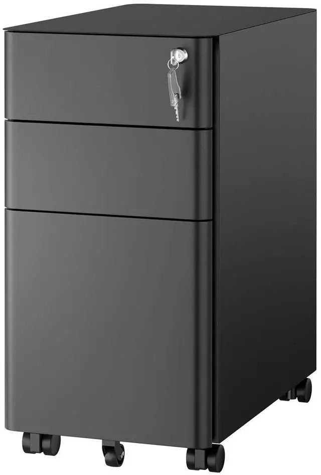Main image of Slim 3 Drawer Rolling File Cabinet with Lock, Mobile Metal Filing Cabinet on Wheels for Under Desk Home & Office Storage, Letter Legal A4, Black