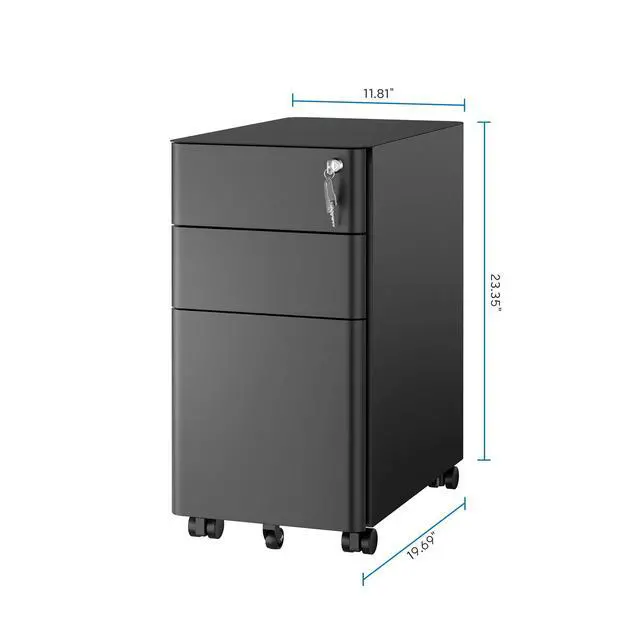Alt view image 3 of 6 - Slim 3 Drawer Rolling File Cabinet with Lock, Mobile Metal Filing Cabinet on Wheels for Under Desk Home & Office Storage, Letter Legal A4, Black