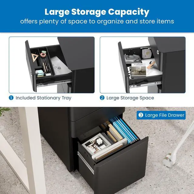 Alt view image 5 of 6 - Slim 3 Drawer Rolling File Cabinet with Lock, Mobile Metal Filing Cabinet on Wheels for Under Desk Home & Office Storage, Letter Legal A4, Black