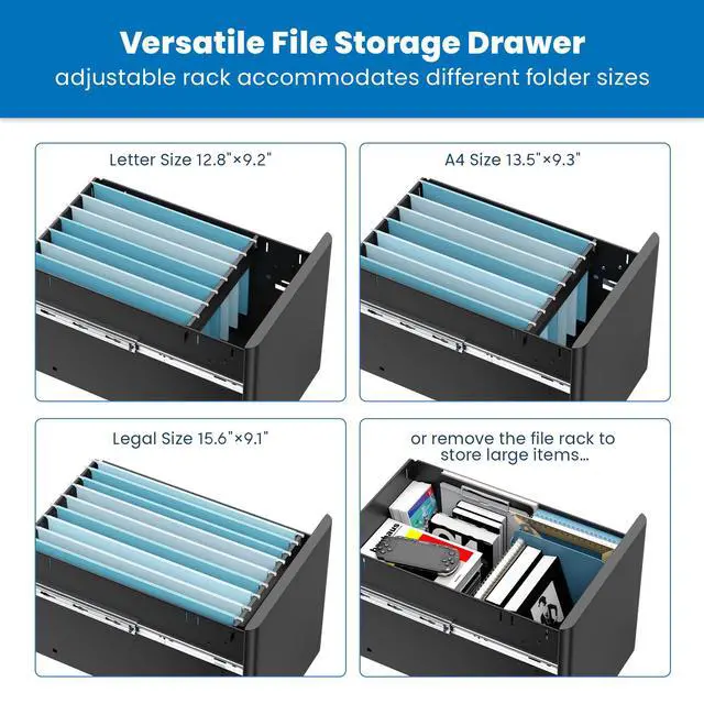 Alt view image 6 of 6 - Slim 3 Drawer Rolling File Cabinet with Lock, Mobile Metal Filing Cabinet on Wheels for Under Desk Home & Office Storage, Letter Legal A4, Black