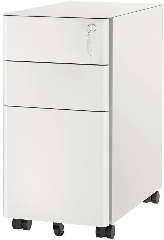 Main image of Slim 3 Drawer White File Cabinet with Lock, Mobile Metal Filing Cabinet on Wheels, Under Desk Storage Drawers for Home & Office, Letter Legal A4, White