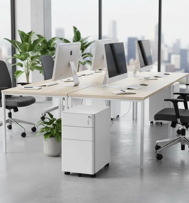 Alt view image 2 of 6 - Slim 3 Drawer White File Cabinet with Lock, Mobile Metal Filing Cabinet on Wheels, Under Desk Storage Drawers for Home & Office, Letter Legal A4, White