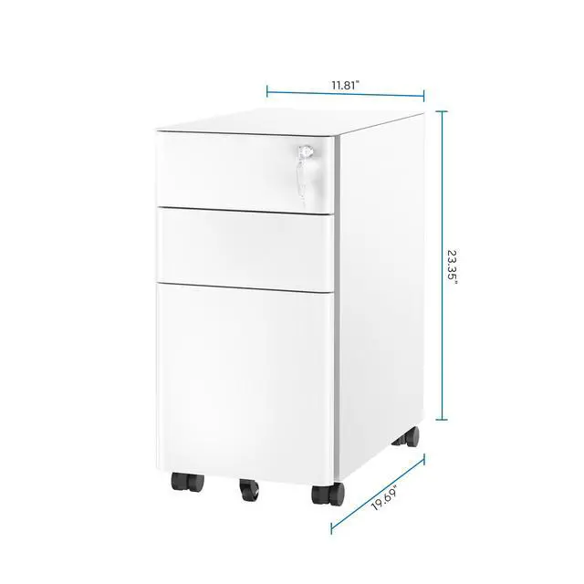 Alt view image 3 of 6 - Slim 3 Drawer White File Cabinet with Lock, Mobile Metal Filing Cabinet on Wheels, Under Desk Storage Drawers for Home & Office, Letter Legal A4, White