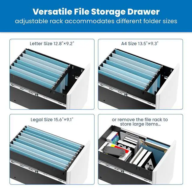 Alt view image 5 of 6 - Slim 3 Drawer White File Cabinet with Lock, Mobile Metal Filing Cabinet on Wheels, Under Desk Storage Drawers for Home & Office, Letter Legal A4, White