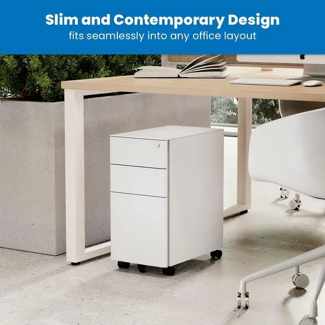 Alt view image 6 of 6 - Slim 3 Drawer White File Cabinet with Lock, Mobile Metal Filing Cabinet on Wheels, Under Desk Storage Drawers for Home & Office, Letter Legal A4, White