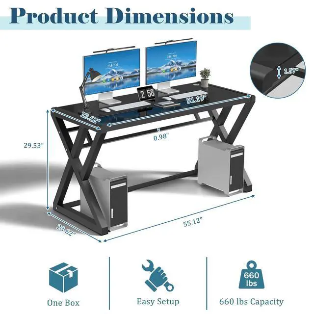 Alt view image 2 of 6 - Computer Desk Home Office Desks, 55.1 Inch Modern Simple Office Black Glass Desk Computer Table Study Gaming Writing Desk, Fashion Strength Tempered Glass Office Laptop Desk