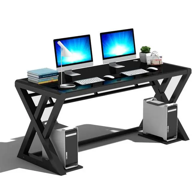 Alt view image 3 of 6 - Computer Desk Home Office Desks, 55.1 Inch Modern Simple Office Black Glass Desk Computer Table Study Gaming Writing Desk, Fashion Strength Tempered Glass Office Laptop Desk