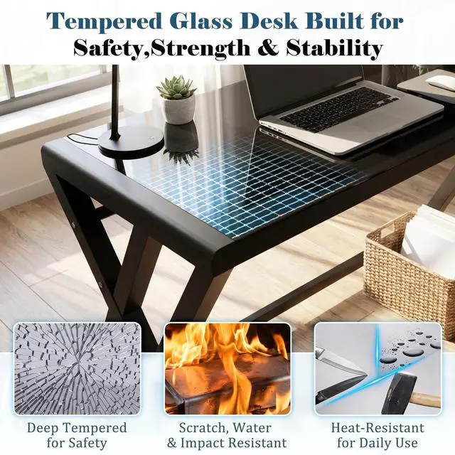 Alt view image 4 of 6 - Computer Desk Home Office Desks, 55.1 Inch Modern Simple Office Black Glass Desk Computer Table Study Gaming Writing Desk, Fashion Strength Tempered Glass Office Laptop Desk