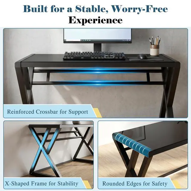 Alt view image 5 of 6 - Computer Desk Home Office Desks, 55.1 Inch Modern Simple Office Black Glass Desk Computer Table Study Gaming Writing Desk, Fashion Strength Tempered Glass Office Laptop Desk