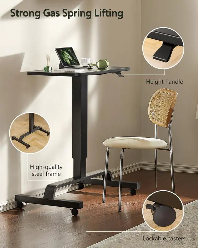 Alt view image 4 of 6 - Height Adjustable Mobile Standing Desk with 360° Swivel Casters, 29"-45" Pneumatic Rolling Desk on Wheels, Perfect for Home Office, Bedroom, Living Room, Black