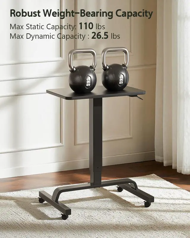 Alt view image 5 of 6 - Height Adjustable Mobile Standing Desk with 360° Swivel Casters, 29"-45" Pneumatic Rolling Desk on Wheels, Perfect for Home Office, Bedroom, Living Room, Black
