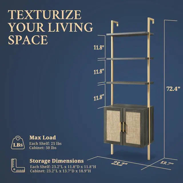 Alt view image 2 of 6 - 5 Tier Book Shelf, 73" Tall Bookshelf with Storage, Modern Bookcase with Shelves, Wall Mount Ladder Shelf with Steel Frame, Bookshelves with Rattan Cabinet for Living Room (Midnight Oak)