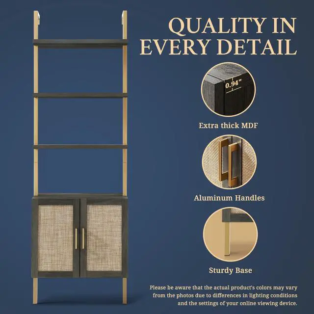 Alt view image 4 of 6 - 5 Tier Book Shelf, 73" Tall Bookshelf with Storage, Modern Bookcase with Shelves, Wall Mount Ladder Shelf with Steel Frame, Bookshelves with Rattan Cabinet for Living Room (Midnight Oak)