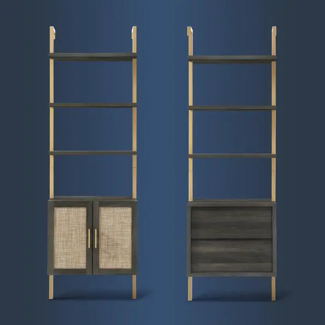 Alt view image 5 of 6 - 5 Tier Book Shelf, 73" Tall Bookshelf with Storage, Modern Bookcase with Shelves, Wall Mount Ladder Shelf with Steel Frame, Bookshelves with Rattan Cabinet for Living Room (Midnight Oak)