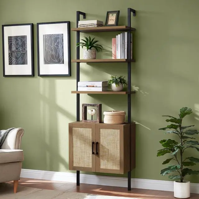 Main image of 5 Tier Book Shelf, 73" Tall Bookshelf with Storage, Modern Bookcase with Shelves, Wall Mount Ladder Shelf with Steel Frame, Bookshelves with Rattan Cabinet for Living Room (Special Walnut)
