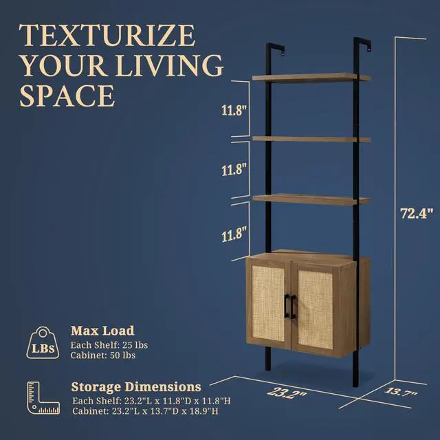 Alt view image 2 of 6 - 5 Tier Book Shelf, 73" Tall Bookshelf with Storage, Modern Bookcase with Shelves, Wall Mount Ladder Shelf with Steel Frame, Bookshelves with Rattan Cabinet for Living Room (Special Walnut)