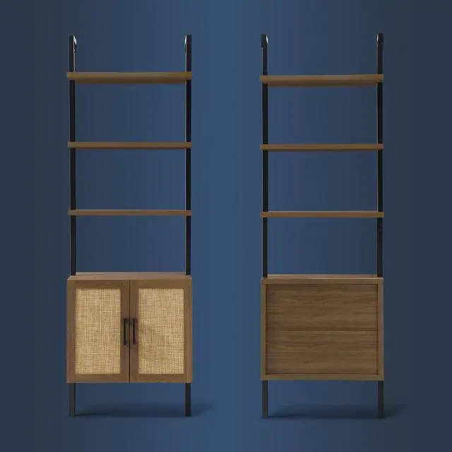 Alt view image 5 of 6 - 5 Tier Book Shelf, 73" Tall Bookshelf with Storage, Modern Bookcase with Shelves, Wall Mount Ladder Shelf with Steel Frame, Bookshelves with Rattan Cabinet for Living Room (Special Walnut)