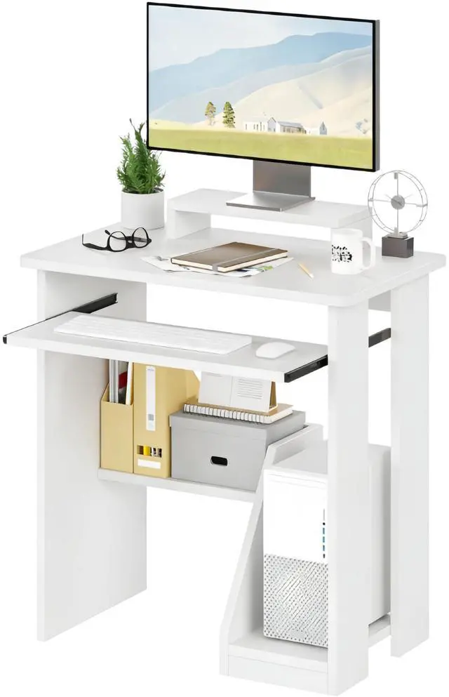 Main image of Computer Desk, 30 Inch Compact Desk with Keyboard Tray & Monitor Stand for Space-Saving, Ergonomic Study Desk with Storage Shelves for Writing, Gaming, Working, White