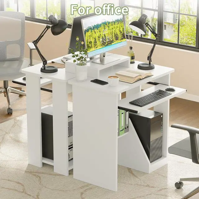 Alt view image 2 of 6 - Computer Desk, 30 Inch Compact Desk with Keyboard Tray & Monitor Stand for Space-Saving, Ergonomic Study Desk with Storage Shelves for Writing, Gaming, Working, White