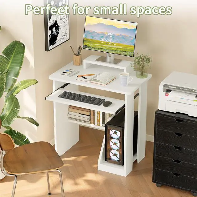 Alt view image 4 of 6 - Computer Desk, 30 Inch Compact Desk with Keyboard Tray & Monitor Stand for Space-Saving, Ergonomic Study Desk with Storage Shelves for Writing, Gaming, Working, White