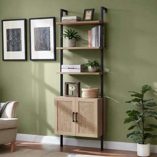 Main image of 5 Tier Book Shelf, 73" Tall Bookshelf with Storage, Modern Bookcase with Shelves, Wall Mount Ladder Shelf with Steel Frame, Bookshelves with Rattan Cabinet for Living Room (Weathered Oak)