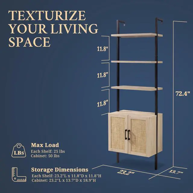Alt view image 2 of 6 - 5 Tier Book Shelf, 73" Tall Bookshelf with Storage, Modern Bookcase with Shelves, Wall Mount Ladder Shelf with Steel Frame, Bookshelves with Rattan Cabinet for Living Room (Weathered Oak)