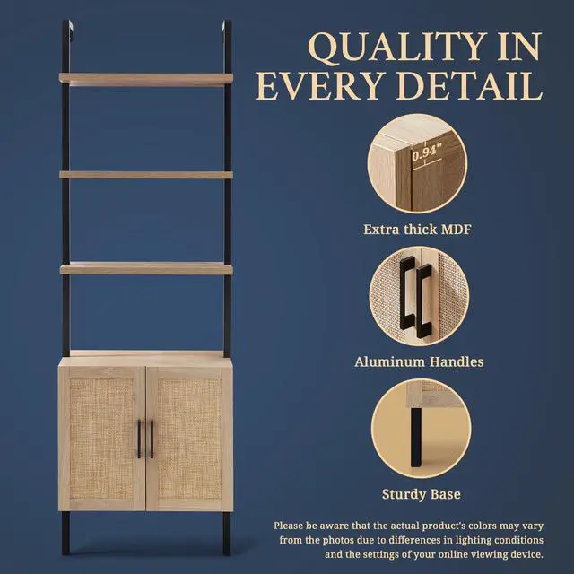 Alt view image 4 of 6 - 5 Tier Book Shelf, 73" Tall Bookshelf with Storage, Modern Bookcase with Shelves, Wall Mount Ladder Shelf with Steel Frame, Bookshelves with Rattan Cabinet for Living Room (Weathered Oak)