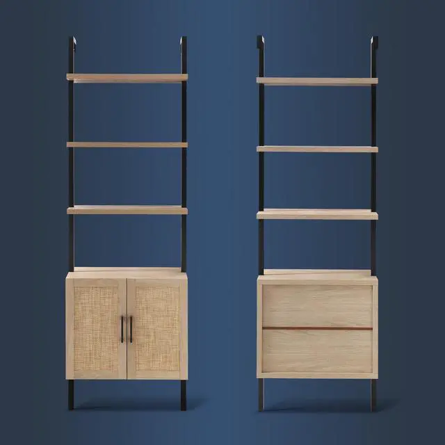 Alt view image 5 of 6 - 5 Tier Book Shelf, 73" Tall Bookshelf with Storage, Modern Bookcase with Shelves, Wall Mount Ladder Shelf with Steel Frame, Bookshelves with Rattan Cabinet for Living Room (Weathered Oak)