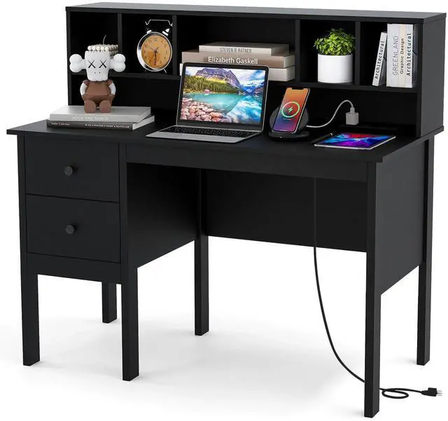 Main image of Black Desk with Drawers & Hutch, Modern Home Office Desk with Power Outlets, USB Ports & Type-C, Writing Study Desk with 5-Cubby Hutch, Computer Workstation Makeup Vanity Desk