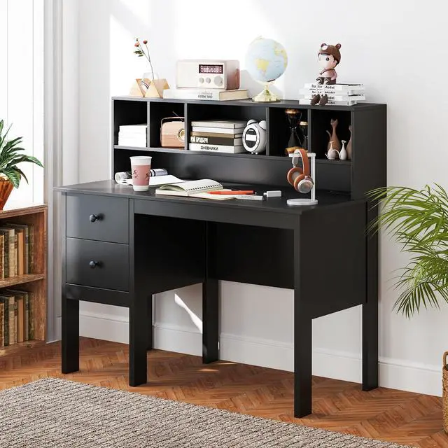 Alt view image 2 of 6 - Black Desk with Drawers & Hutch, Modern Home Office Desk with Power Outlets, USB Ports & Type-C, Writing Study Desk with 5-Cubby Hutch, Computer Workstation Makeup Vanity Desk