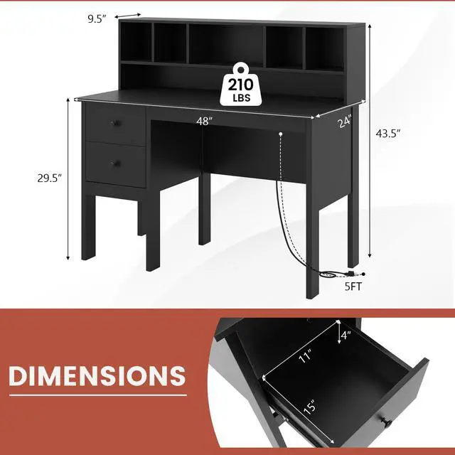 Alt view image 3 of 6 - Black Desk with Drawers & Hutch, Modern Home Office Desk with Power Outlets, USB Ports & Type-C, Writing Study Desk with 5-Cubby Hutch, Computer Workstation Makeup Vanity Desk