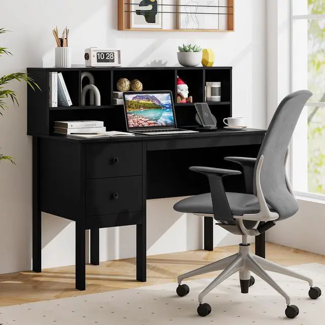 Alt view image 4 of 6 - Black Desk with Drawers & Hutch, Modern Home Office Desk with Power Outlets, USB Ports & Type-C, Writing Study Desk with 5-Cubby Hutch, Computer Workstation Makeup Vanity Desk