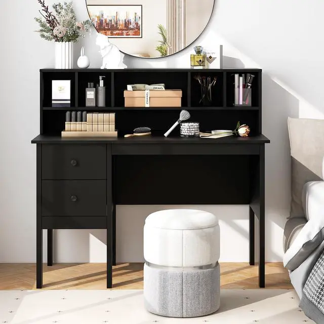 Alt view image 5 of 6 - Black Desk with Drawers & Hutch, Modern Home Office Desk with Power Outlets, USB Ports & Type-C, Writing Study Desk with 5-Cubby Hutch, Computer Workstation Makeup Vanity Desk