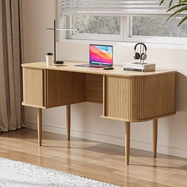 Main image of 55" Modern Writing Desk with Storage, Wood Home Office Desk with Sliding Doors, Computer Desk for Home Office, Dorm, Living Room, Home Study Table, Natural