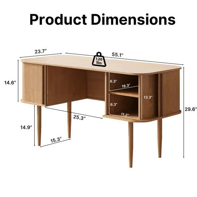 Alt view image 2 of 6 - 55" Modern Writing Desk with Storage, Wood Home Office Desk with Sliding Doors, Computer Desk for Home Office, Dorm, Living Room, Home Study Table, Natural