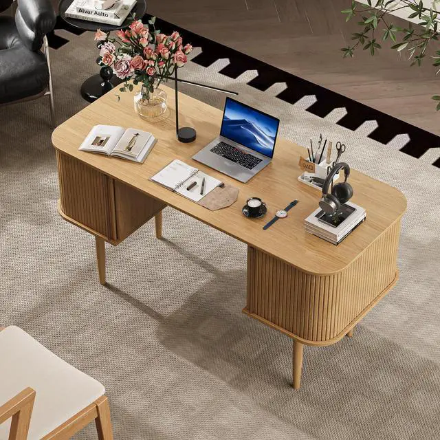 Alt view image 3 of 6 - 55" Modern Writing Desk with Storage, Wood Home Office Desk with Sliding Doors, Computer Desk for Home Office, Dorm, Living Room, Home Study Table, Natural