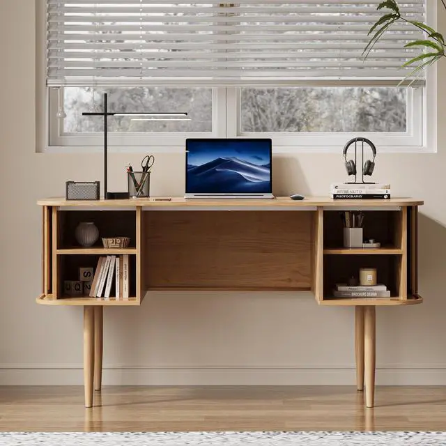 Alt view image 4 of 6 - 55" Modern Writing Desk with Storage, Wood Home Office Desk with Sliding Doors, Computer Desk for Home Office, Dorm, Living Room, Home Study Table, Natural
