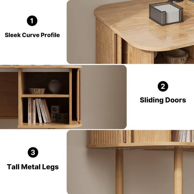 Alt view image 5 of 6 - 55" Modern Writing Desk with Storage, Wood Home Office Desk with Sliding Doors, Computer Desk for Home Office, Dorm, Living Room, Home Study Table, Natural