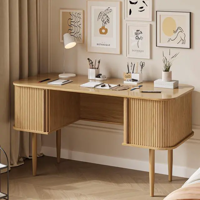 Alt view image 6 of 6 - 55" Modern Writing Desk with Storage, Wood Home Office Desk with Sliding Doors, Computer Desk for Home Office, Dorm, Living Room, Home Study Table, Natural