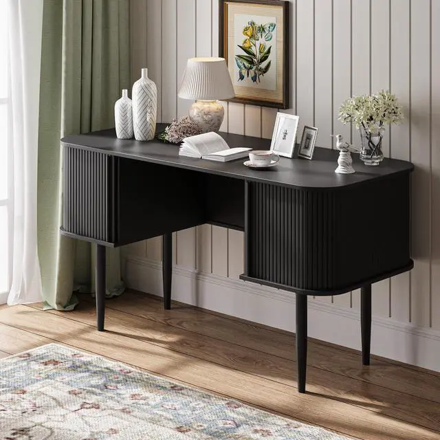 Main image of 55" Modern Writing Desk with Storage, Wood Home Office Desk with Sliding Doors, Computer Desk for Home Office, Dorm, Living Room, Home Study Table, Black