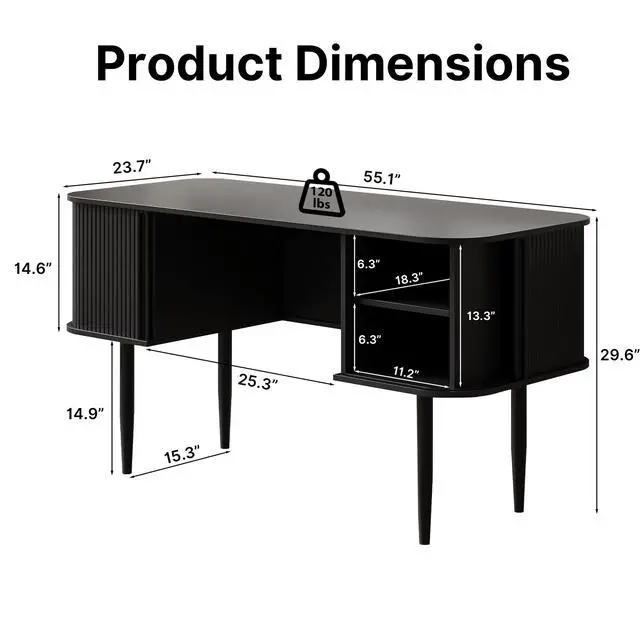Alt view image 2 of 6 - 55" Modern Writing Desk with Storage, Wood Home Office Desk with Sliding Doors, Computer Desk for Home Office, Dorm, Living Room, Home Study Table, Black