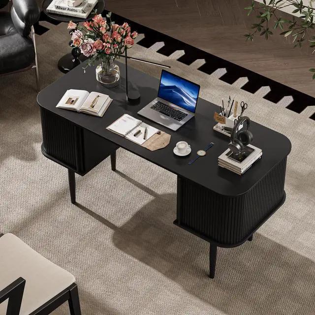 Alt view image 3 of 6 - 55" Modern Writing Desk with Storage, Wood Home Office Desk with Sliding Doors, Computer Desk for Home Office, Dorm, Living Room, Home Study Table, Black
