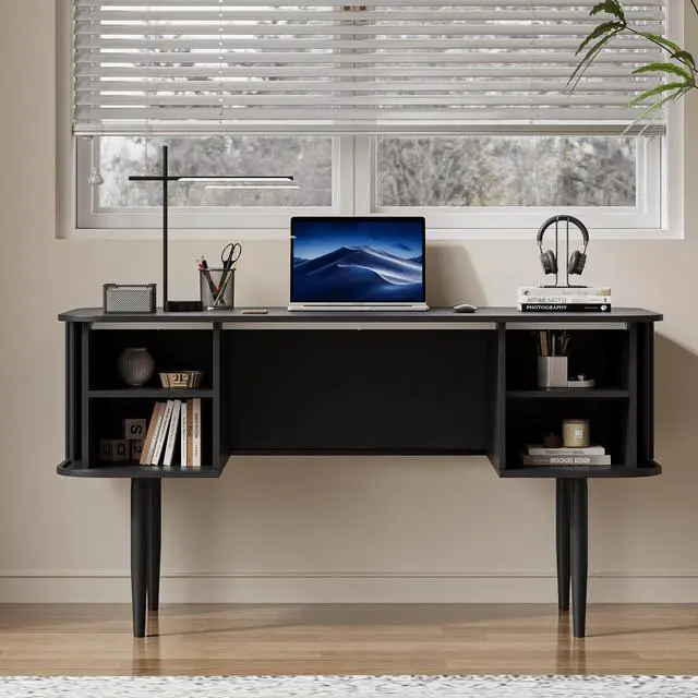 Alt view image 4 of 6 - 55" Modern Writing Desk with Storage, Wood Home Office Desk with Sliding Doors, Computer Desk for Home Office, Dorm, Living Room, Home Study Table, Black