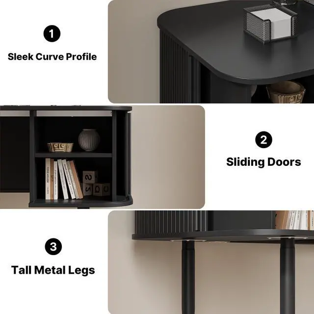 Alt view image 5 of 6 - 55" Modern Writing Desk with Storage, Wood Home Office Desk with Sliding Doors, Computer Desk for Home Office, Dorm, Living Room, Home Study Table, Black