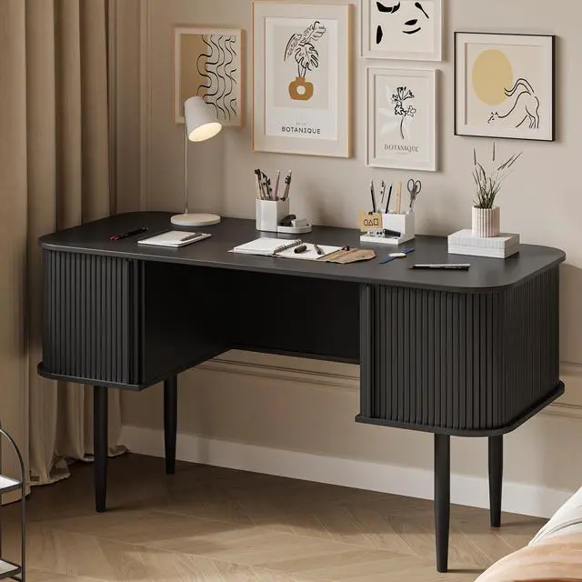 Alt view image 6 of 6 - 55" Modern Writing Desk with Storage, Wood Home Office Desk with Sliding Doors, Computer Desk for Home Office, Dorm, Living Room, Home Study Table, Black
